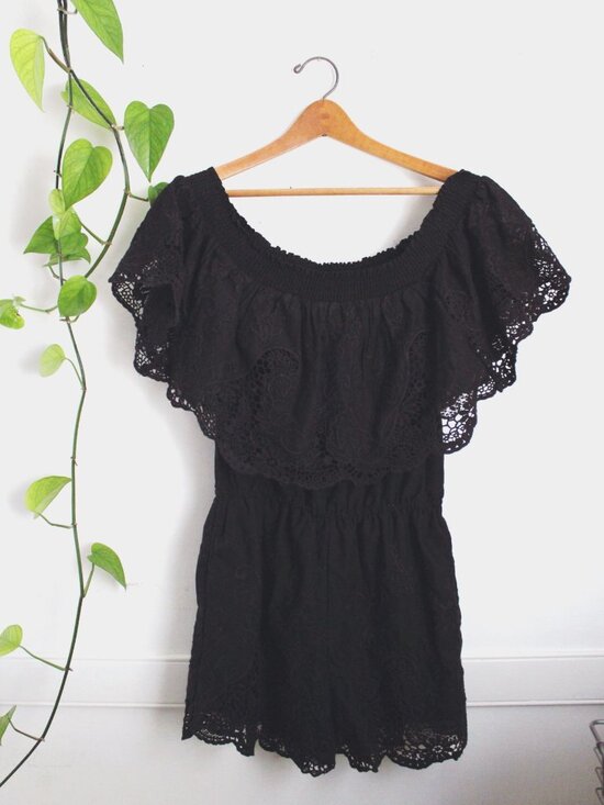 Abercrombie & Fitch Pants - Abercrombie & Fitch Black Off-Shoulder Crochet Lace Romper Small Whimsigoth